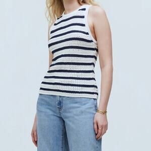 Madewell Women's Striped Crochet Open Knit Sweater Tank XS Ivory Navy